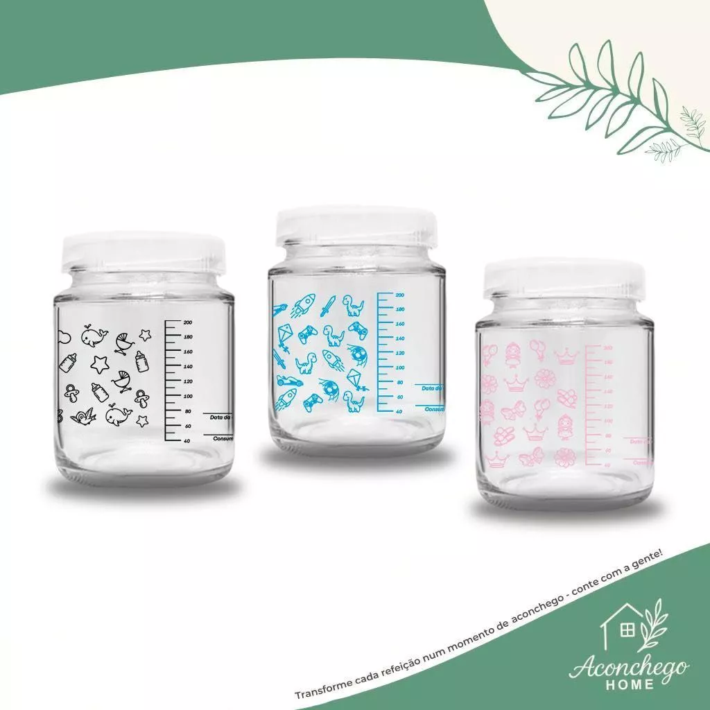 Kit 5 Potes de Vidro p/ Leite Materno 200ml – Livre de BPA c/ Graduação