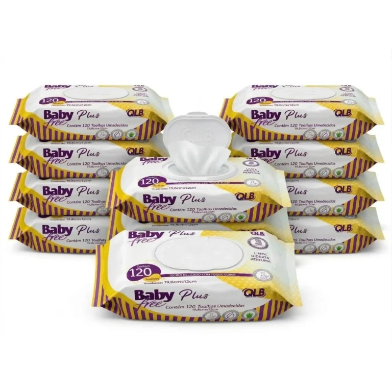 Caixa com 10 Lenços/Toalhas Umedecidas Baby Free Plus c/ 120 Unidades Cada – Tampa FlipTop
